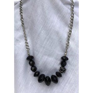 Silver Tone and Black Faceted Bead Asymmetric Necklace
